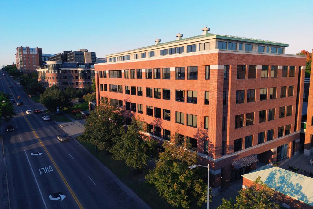 aerial view of Sheehey brick office building in Burlington