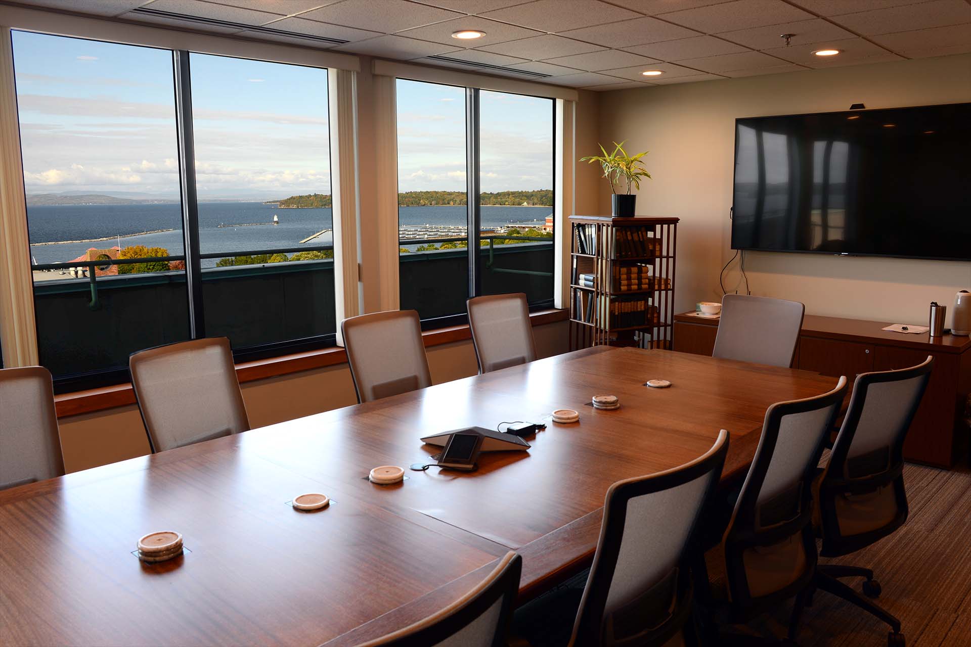 sunny conference room overlooking Lake Champlain in Burlington, Vermont